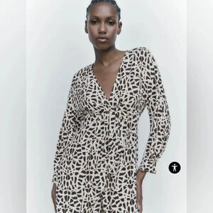 NWT ZARA Animal Print Romper Long Sleeve XL Faux WrapBack Cut Out Cream Blk Gold